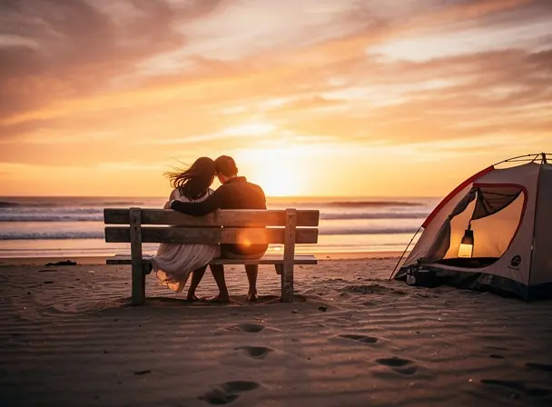 Couple sitting on a wooden bench on a sandy beach at sunset, a small tent nearby, warm golden sky, calm ocean, romantic travel mood, realistic photography, high resolution