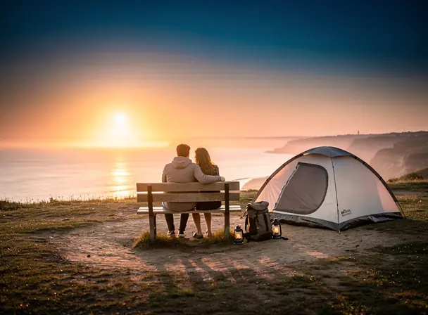 A couple sitting on a wooden bench at sunset near the sea, with a tent set up nearby, warm golden light, peaceful atmosphere, travel and camping advisory website mood, cinematic, high resolution, natural colors