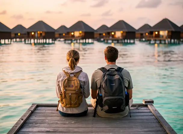 Couple with backpacks sitting on a wooden pier facing a calm lagoon with overwater bungalows in the distance, soft sunset light, serene travel vibe, realistic photography, high resolution