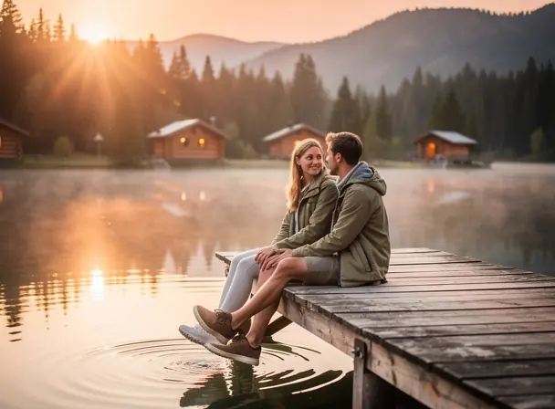 A couple sitting on a wooden dock by a calm lake at sunrise, cozy cabins in the distance, light mist over the water, peaceful outdoor travel atmosphere, warm soft light, realistic cinematic photography, high resolution