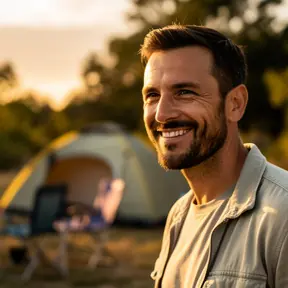 Portrait photo of a French man in his mid 30s, short beard, relaxed smile, outdoor campsite vibe in background, golden hour light, realistic photography, shallow depth of field