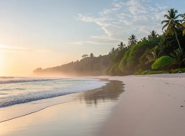 Wild empty beach with gentle waves, lush green tropical vegetation along the shore, soft morning light, peaceful travel atmosphere, realistic photography, high resolution