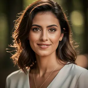 Portrait photo of a French woman in her late 20s, warm and confident expression, soft natural outdoor light, blurred forest background, realistic photography, shallow depth of field