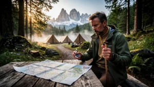 Randonneur avec carte IGN papier près du camping en forêt pour 3 jours de randonnée en étoile
