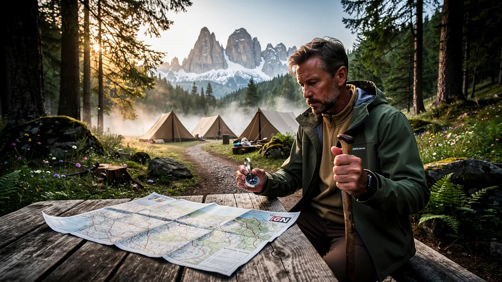 Randonneur avec carte IGN papier près du camping en forêt pour 3 jours de randonnée en étoile