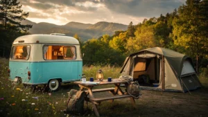 Comparaison photo réaliste caravane rétro et tente 4 saisons autour de La Gambionne pour 7 nuits