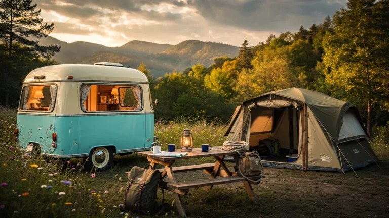 Comparaison photo réaliste caravane rétro et tente 4 saisons autour de La Gambionne pour 7 nuits