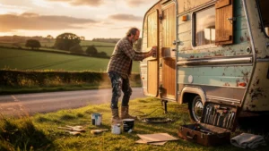 Vieille caravane rénovée avec soin en campagne, idéale pour moins de 5000 km par an