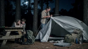 Famille arrive au camping à 23h sans lampe, tente à monter avec deux ados fatigués dans une forêt nocturne