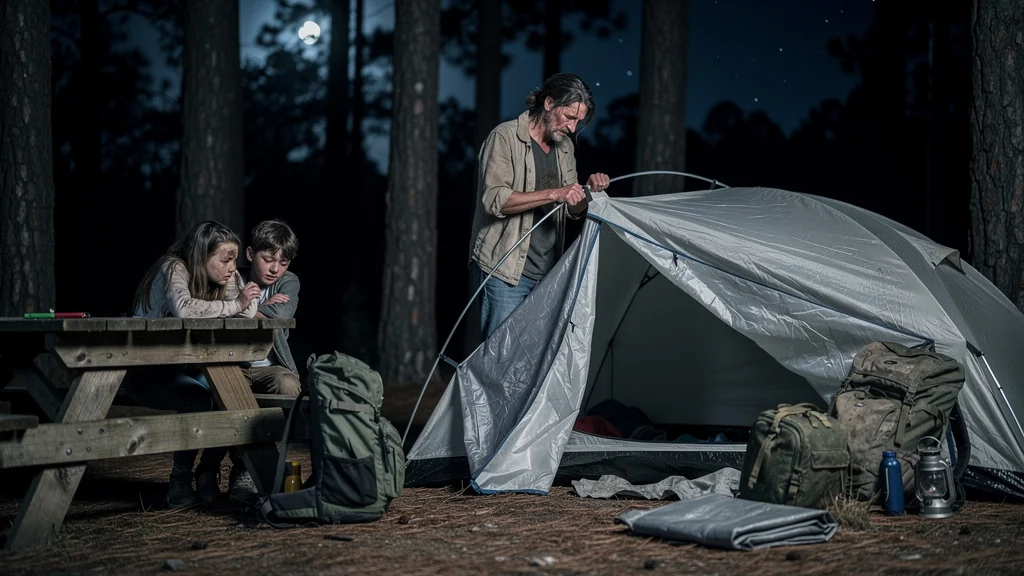 Famille arrive au camping à 23h sans lampe, tente à monter avec deux ados fatigués dans une forêt nocturne