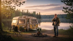 Homme méditant au bord d’un lac avec sa caravane, indécis sur l’emplacement après douze ans de voyage