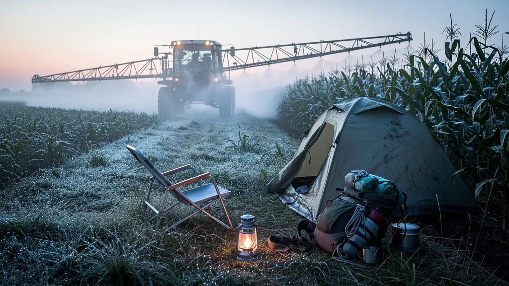 Camping au bord d’un champ de maïs traité à l’aube, scène réaliste de la pulvérisation au petit matin