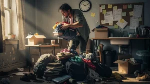 Homme stressé empilant ses affaires sans plan de chargement, perdant 1h30 chaque matin