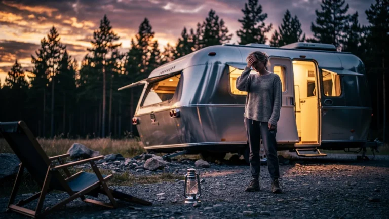 Caravane mal nivelée provoquant fatigue et réveils nocturnes, situation camping réaliste et détaillée