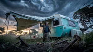 Campement rétro avec caravane et auvent menacé par le vent, sardines oubliées au sol