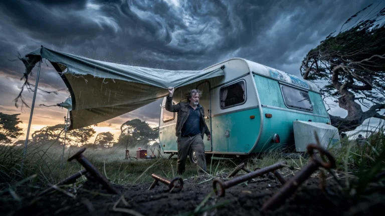 Campement rétro avec caravane et auvent menacé par le vent, sardines oubliées au sol