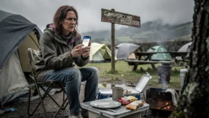 Voyageuse déçue au camping de Mende après avoir réservé sans lire les avis, ambiance pluvieuse et usée