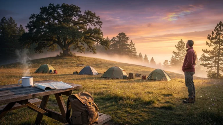 Lever de soleil sur la colline depuis le fond du camping entre émerveillement et déconvenue