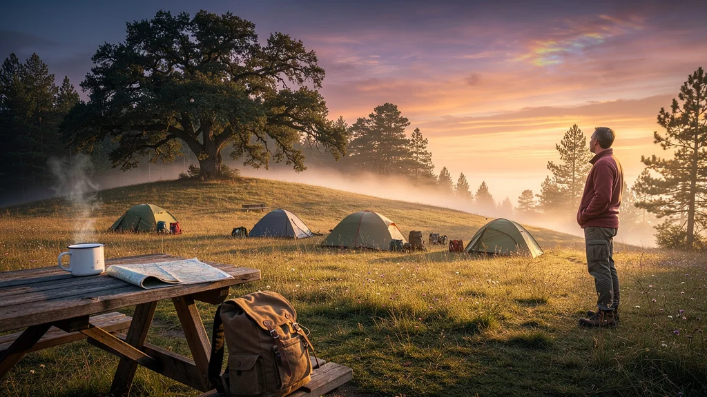 Lever de soleil sur la colline depuis le fond du camping entre émerveillement et déconvenue