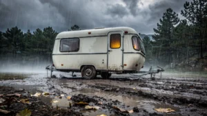 Pluie battante en Lozère avec une caravane sous l'orage, illustrant la préférence pour la caravane à la tente
