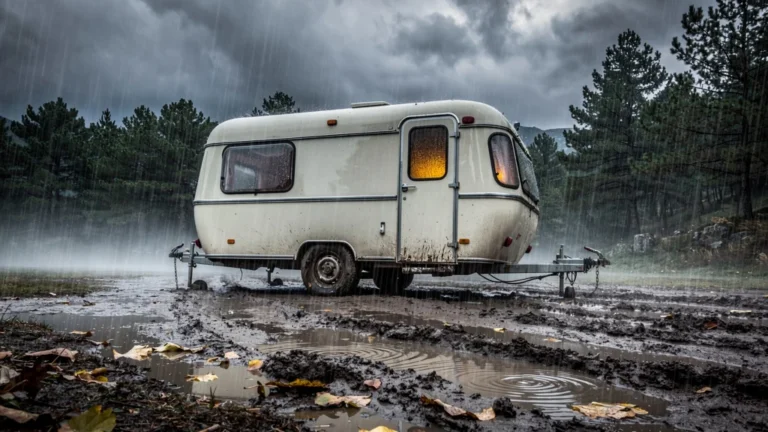 Pluie battante en Lozère avec une caravane sous l'orage, illustrant la préférence pour la caravane à la tente