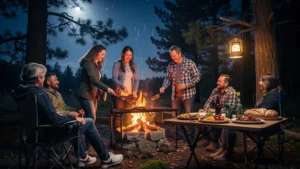 Soirée barbecue entre voisins de camping jusqu’à minuit sous un ciel étoilé et un vent léger