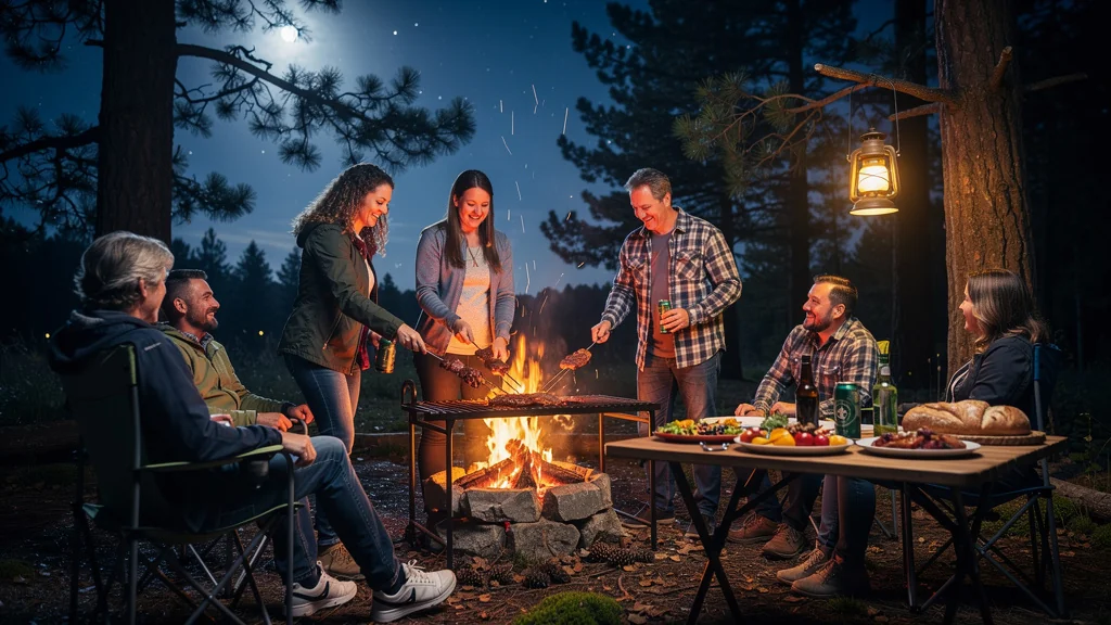 Soirée barbecue entre voisins de camping jusqu’à minuit sous un ciel étoilé et un vent léger