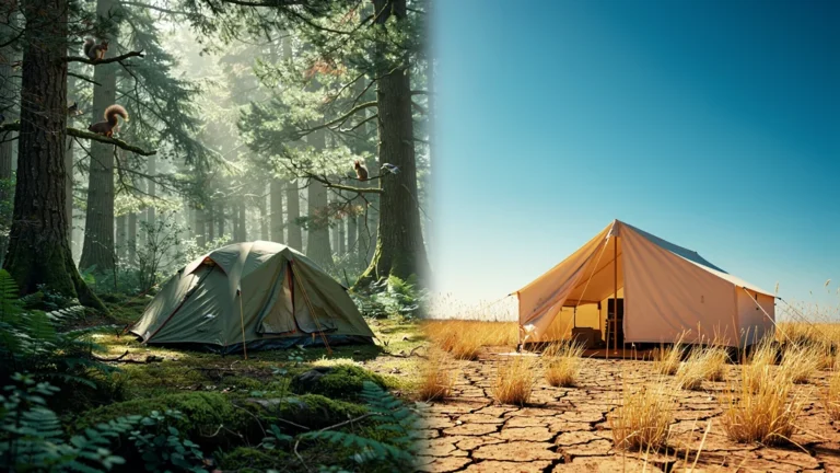 Comparaison photo réaliste campement en lisière de forêt et en plein soleil sur 5 jours