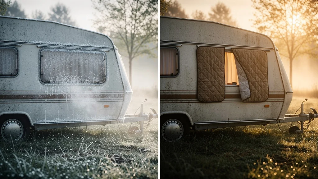 Comparaison isolation caravane avant et après pose rideau thermique sur 4 nuits pour confort optimisé