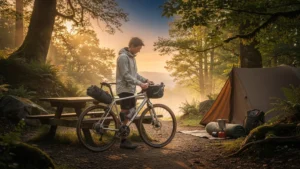 Camping autour de La Gambionne avec vélo, ambiance matinale et découverte décisive au séjour