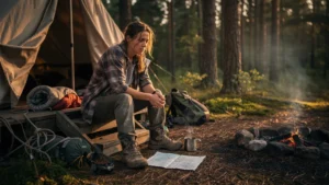 Femme fatiguée après un camping intense, symbole de la fatigue plus marquée que le repos
