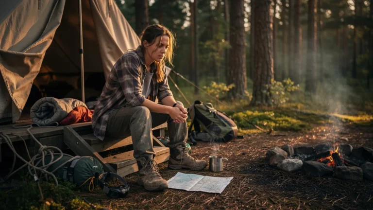 Femme fatiguée après un camping intense, symbole de la fatigue plus marquée que le repos