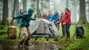 Groupe riant en montant un campement sous la pluie dans une forêt verdoyante, ambiance joyeuse et naturelle