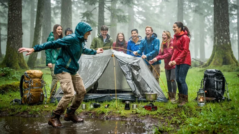 Groupe riant en montant un campement sous la pluie dans une forêt verdoyante, ambiance joyeuse et naturelle