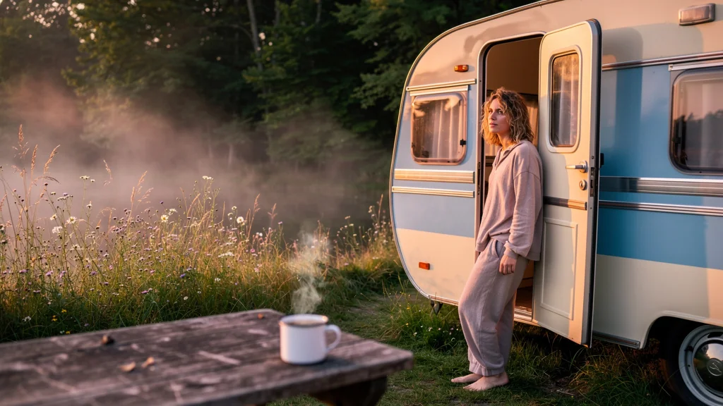 Premier matin en caravane rétro à La Gambionne avec le chant apaisant des grillons