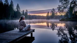 Silence du dernier soir au bord d’un lac calme, reflet paisible et atmosphère contemplative