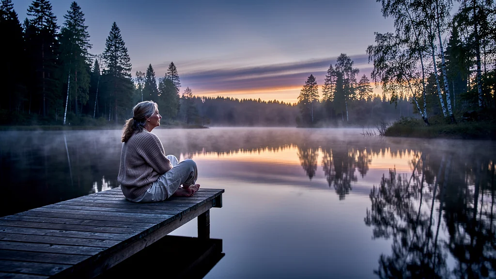 Silence du dernier soir au bord d’un lac calme, reflet paisible et atmosphère contemplative