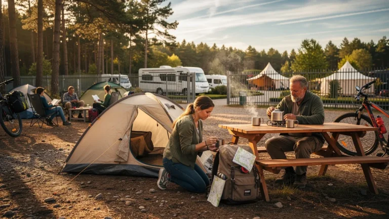 Routards heureux dans un camping municipal abordable, préférant les aires publiques aux chaînes privées coûteuses