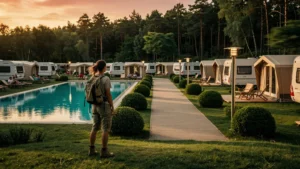 Femme contemplant la nature sauvage au loin depuis un camping 4 étoiles bien aménagé dénué d’authenticité
