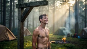 Homme prenant une douche froide matinale au camping, rituel rafraîchissant en pleine nature