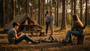 Famille dans un petit camping sans animation, moment calme et silencieux avec adolescents en pleine nature
