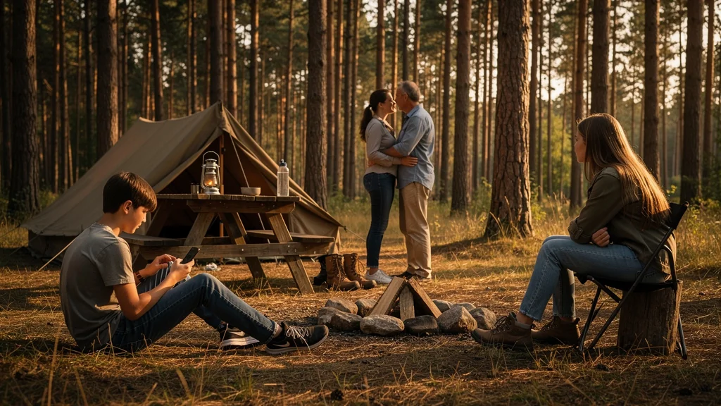 Famille dans un petit camping sans animation, moment calme et silencieux avec adolescents en pleine nature