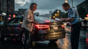 Homme frustré face à son feu arrière défectueux après une amende de 90 euros pour contrôle véhicule oublié