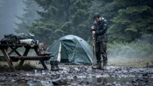 Après trois jours de pluie battante, tente effondrée sans bâche supplémentaire, campement inondé et boueux