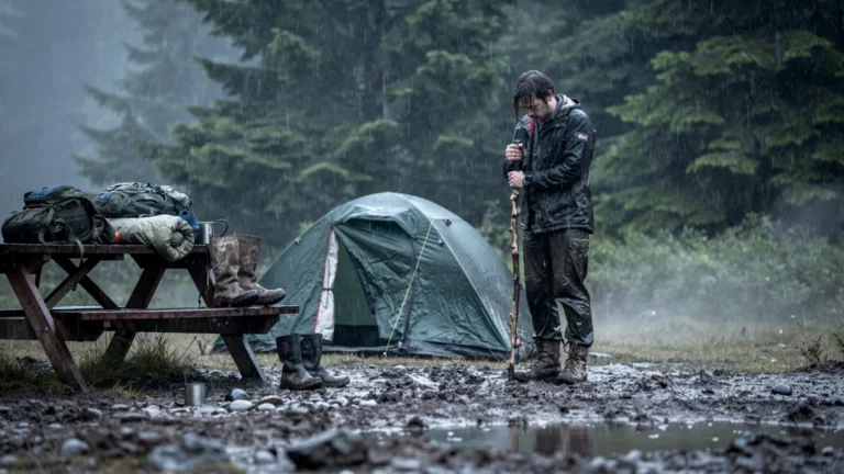 Après trois jours de pluie battante, tente effondrée sans bâche supplémentaire, campement inondé et boueux
