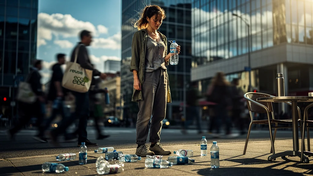 Jeune femme regrette d'avoir acheté des bouteilles plastique sans gourde isotherme, coût 8 euros par jour