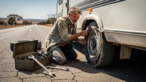 Inspection détaillée d’un pneu de caravane usé avant un long trajet de 500 km, avertissement essentiel