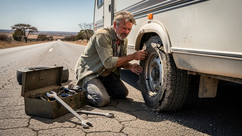 Inspection détaillée d’un pneu de caravane usé avant un long trajet de 500 km, avertissement essentiel