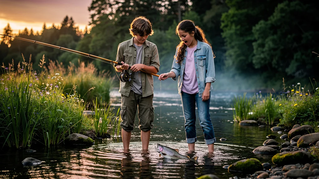 Adolescents délaissant leurs téléphones pour pêcher dans un ruisseau naturel au coucher du soleil, moment authentique
