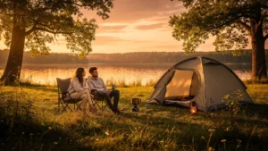 Couple profitant d’un emplacement nu pour camping, alternative plus maline qu’un mobil-home en pleine nature